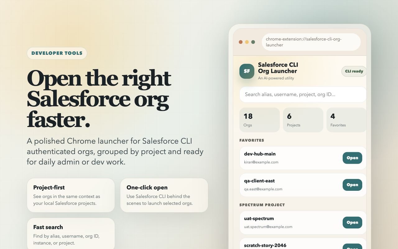 Launcher view of Salesforce CLI Org Launcher