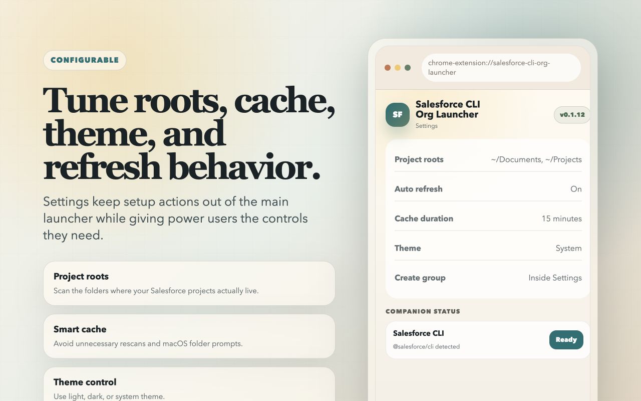 Settings page in Salesforce CLI Org Launcher