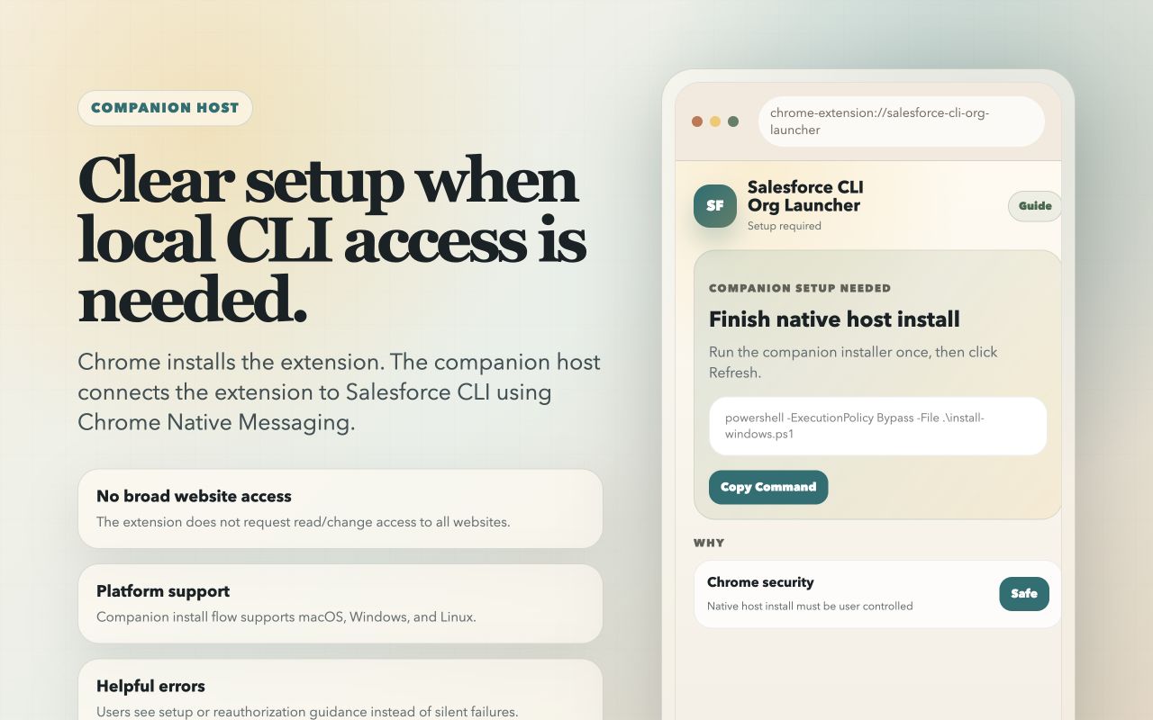 Setup guidance in Salesforce CLI Org Launcher